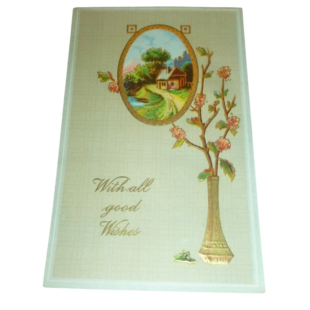 Antique Embossed Postcard With All Good Wishes Cottage Landscape Floral Unposted